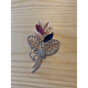 Crystal Rhinestone Floral Brooch Pin With Pink & Blue Gemstones